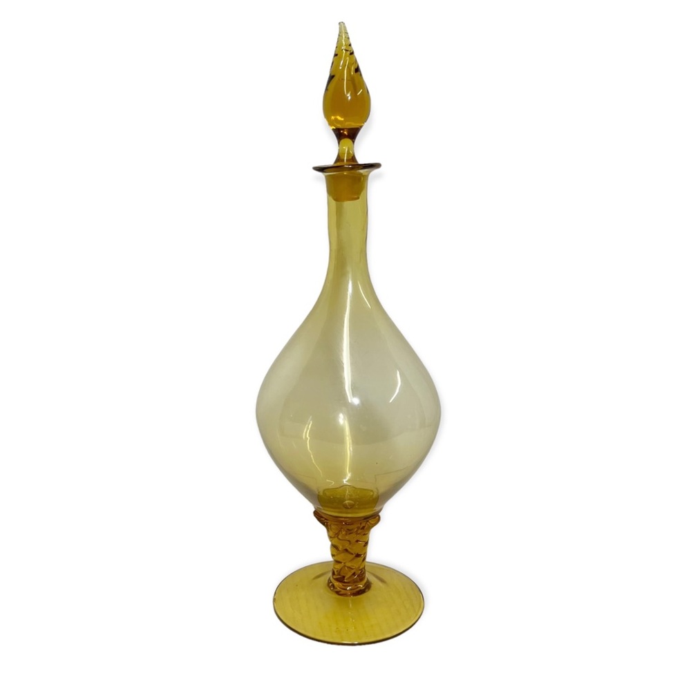 Vintage Empoli Italian Amber Glass Flame Twist Decanter w/Stopper 18.5" Tall